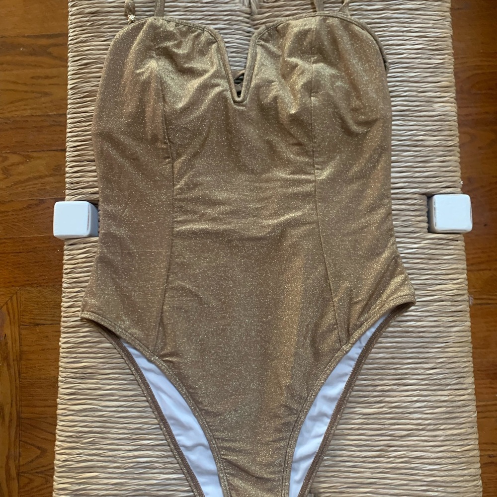 Women's Shimmery Gold One-Piece Swimsuit - Sculpting V-Neck Style